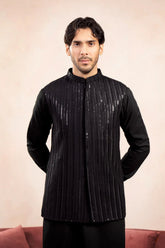 Black Falling Arrow Sequin Embroidered Waistcoat - Men