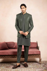 Olive Green Loop Kurta Trouser with Falling Embroidered Open Prince Coat - 3PC - Men