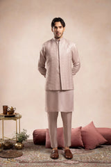 Pink Kurta Trouser Falling Embroidered Waistcoat - 3PC - Men
