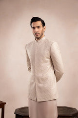Coffee Beige Kurta Trouser with Square Embroidered Prince Coat - 3PC - Men