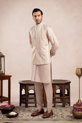 Coffee Beige Kurta Trouser with Arrow Embroidered Waistcoat - 3PC - Men