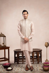Coffee Beige Kurta Trouser with Arrow Embroidered Waistcoat - 3PC - Men