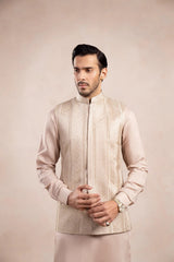 Coffee Beige Kurta Trouser with Arrow Embroidered Waistcoat - 3PC - Men