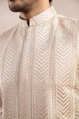 Coffee Beige Kurta Trouser with Arrow Embroidered Waistcoat - 3PC - Men