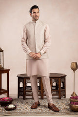 Coffee Beige Kurta Trouser with Square Embroidered Waistcoat - 3PC - Men