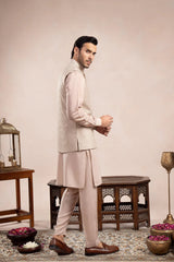 Coffee Beige Kurta Trouser with Square Embroidered Waistcoat - 3PC - Men