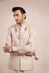 Coffee Beige Kurta Trouser with Square Embroidered Waistcoat - 3PC - Men