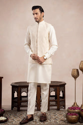 Bosky White Kurta Trouser with Cross Stitched Embroidered Waistcoat - 3PC - Men