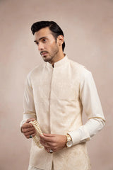 Bosky White Cross Stitched Embroidered Waistcoat - Men