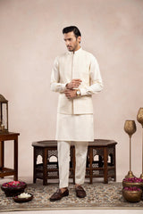 Bosky White Kurta Trouser with Falling Embroidered Waistcoat - 3PC - Men