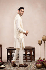Bosky White Kurta Trouser with Falling Embroidered Waistcoat - 3PC - Men