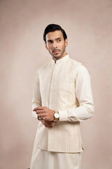 Bosky White Kurta Trouser with Falling Embroidered Waistcoat - 3PC - Men