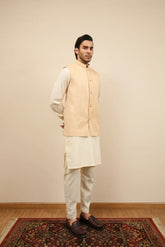 Bosky White Kurta Trouser with Ivory Jamawar Waistcoat - 3PC - Men