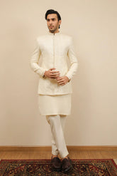 Bosky White Kurta Trouser with Falling Embroidered Prince Coat - 3PC - Men