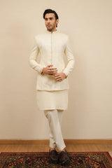 Bosky White Kurta Trouser with Falling Embroidered Prince Coat - 3PC - Men