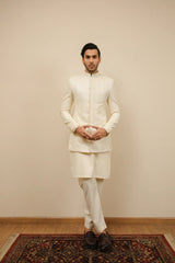 Bosky White Kurta Trouser with Falling Embroidered Prince Coat - 3PC - Men