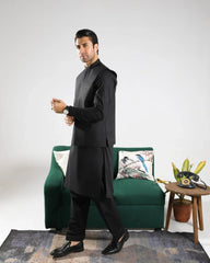 Black Soft Cotton Kurta Shalwar with Waistcoat - Men