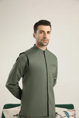 Army Green Soft Cotton Kurta Trouser with Waistcoat - Men