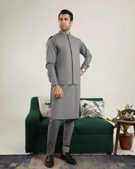 Light Grey Soft Cotton Kurta Trouser with Waistcoat - Men