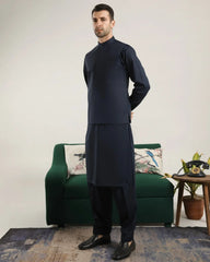 Dark Navy Blue Soft Cotton Kurta Shalwar with Waistcoat - Men