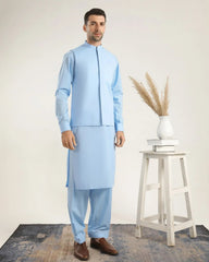 Sky Blue Soft Cotton Kurta Shalwar with Waistcoat - Men