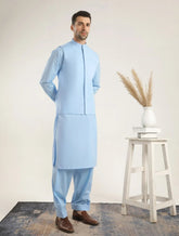 Sky Blue Soft Cotton Kurta Shalwar with Waistcoat - Men