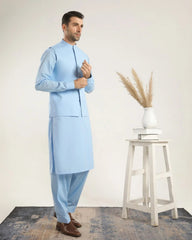 Sky Blue Soft Cotton Kurta Shalwar with Waistcoat - Men