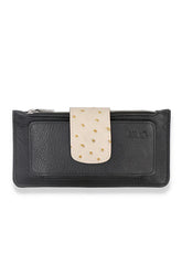 Premium Leather Classic Black Textured Wallet With Beige Flap For Women (LW1115-009)