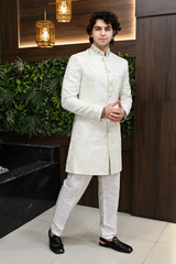 Men Sherwani in Ivory Jacquard with Zari Work