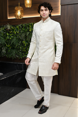 Men Sherwani in Ivory Jacquard with Zari Work