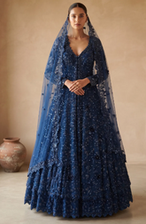 Samyakk | Blue Sequins Embroidered | Indowestern Net Lehenga
