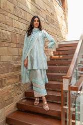 Wahaj M Khan | The Print Story | Grey Blue Sheesha Outfit