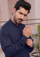 (3 Piece) - Navy blue Suit with Matching Jamawar Waistcoat