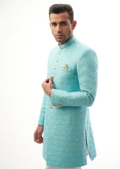Sky blue Rawsilk all embroidered sherwani - House Of Arsalan Iqbal