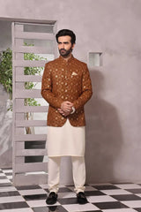 (3 Piece) - Brown Raw Silk Kurta Pyjama with Prince Coat
