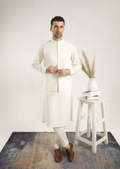 Bosky White Cotton Kurta Trouser & Waistcoat - Men - 3 PC