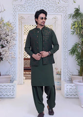 (3 Piece) - Basil Green Suit with Matching Waistcoat