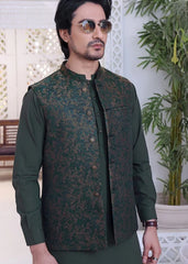 (3 Piece) - Basil Green Suit with Matching Waistcoat