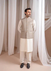 Bosky White Kurta Shalwar with Beige Suiting Waistcoat - Straight Cut - 3PC - Muraqsh