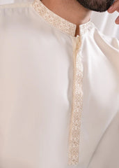 Formal Bosky White Kurta Shalwar - Collar Neck Embroidered - Men - Muraqsh