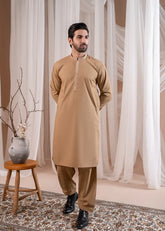 Formal Camel Kurta Shalwar - Collar Neck Embroidered - Men - Muraqsh