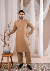 Formal Camel Kurta Shalwar - Collar Neck Embroidered - Men - Muraqsh