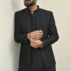 Black Embroidered Front Open Princecoat For Wedding - HK Fashion