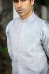 Bluish Grey Embroidered Prince Coat - Men