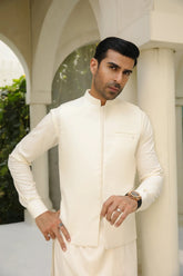 Bosky White Kameez Shalwar with Blended Waistcoat - Men
