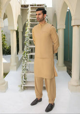 Camel Kameez Shalwar with Blended Waistcoat - Men