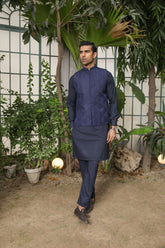 Navy Blue Kurta Trouser with Embroidered Waistcoat - Men