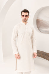 Off White Cotton Embroidered Kurta Trouser - Men