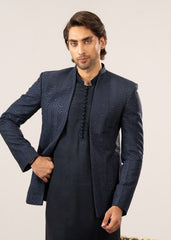 Navy Kurta Trouser with Embroidered Open Prince Coat - 3PC