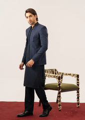 Navy Kurta Trouser with Embroidered Open Prince Coat - 3PC